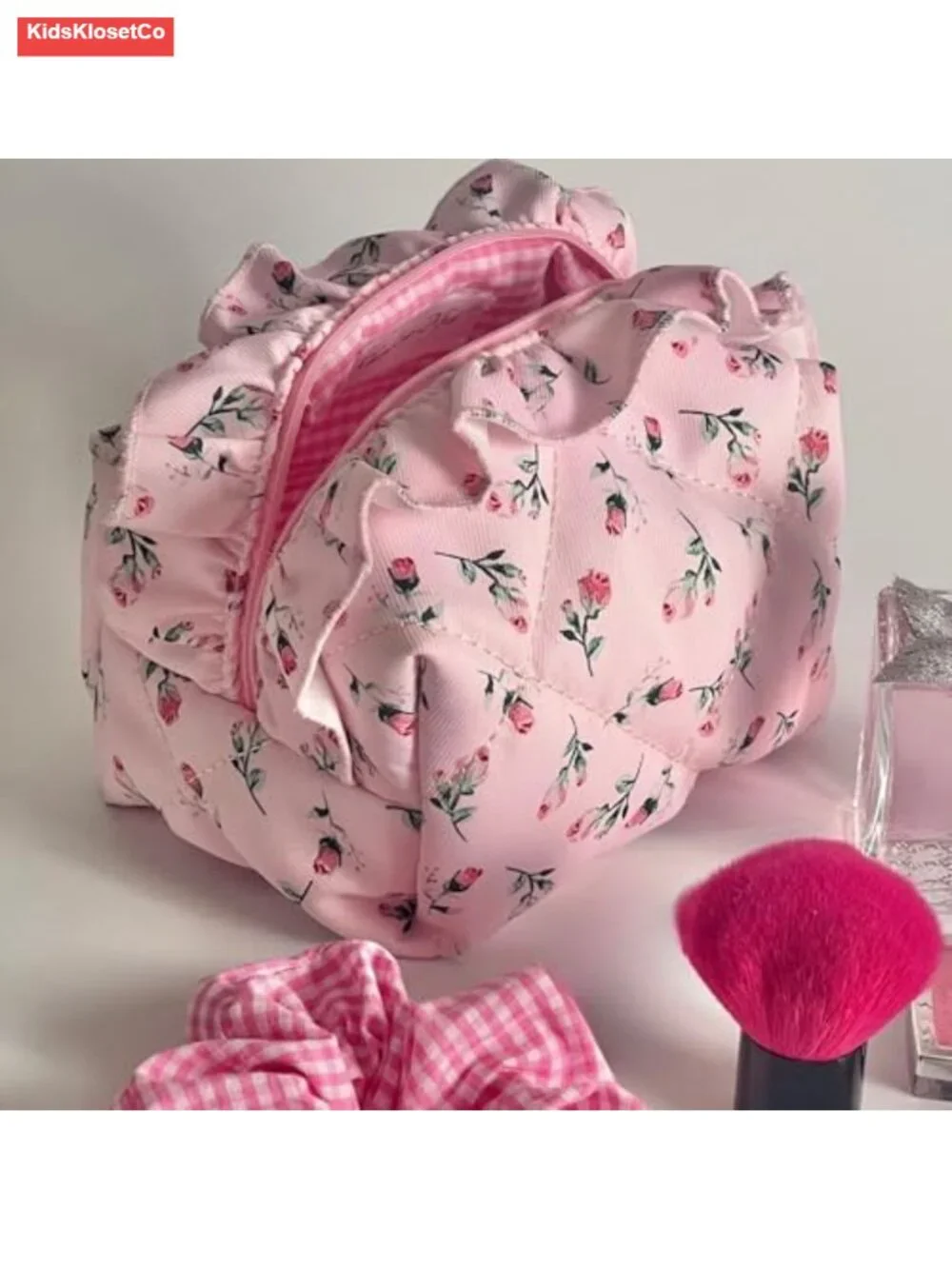 Quilted Pink Rose Makeup Bag Set of 2, Ruffled Cotton Floral Cosmetic Pouches,